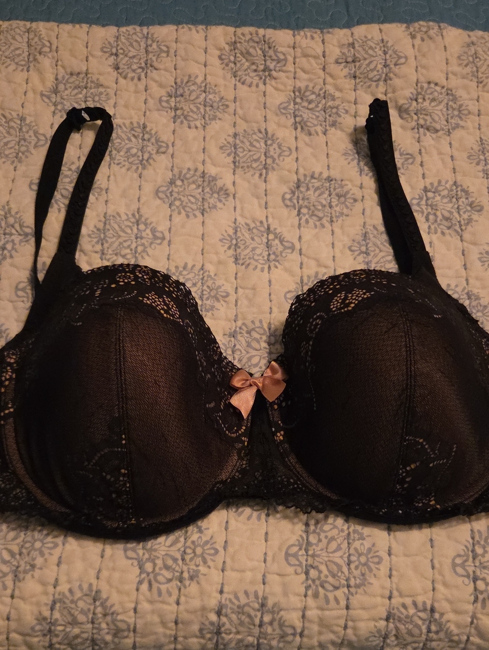 DKNY Black Lace Underwire Bra with Blush Bow